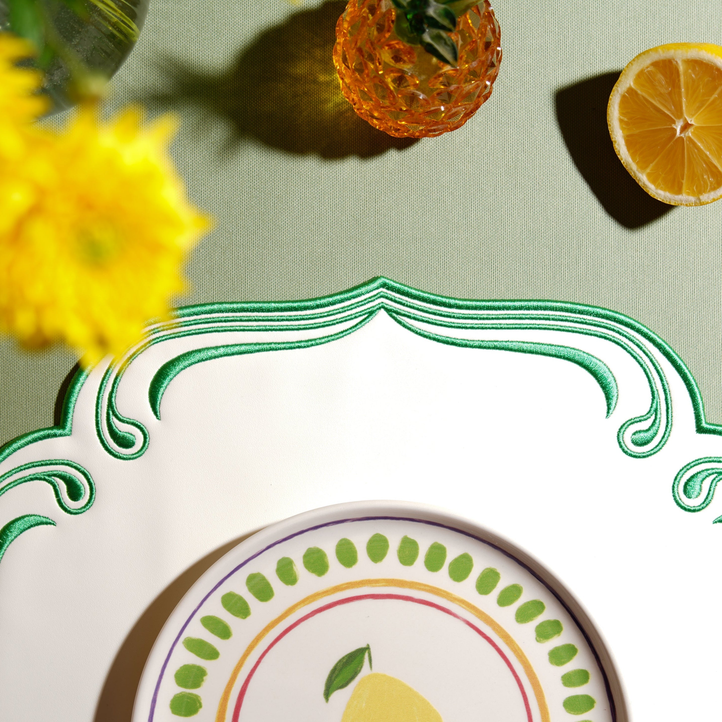 ROYAL WHITE GREEN TRIM SQUARE FAUX LEATHER PLACEMAT (Set Of 4)