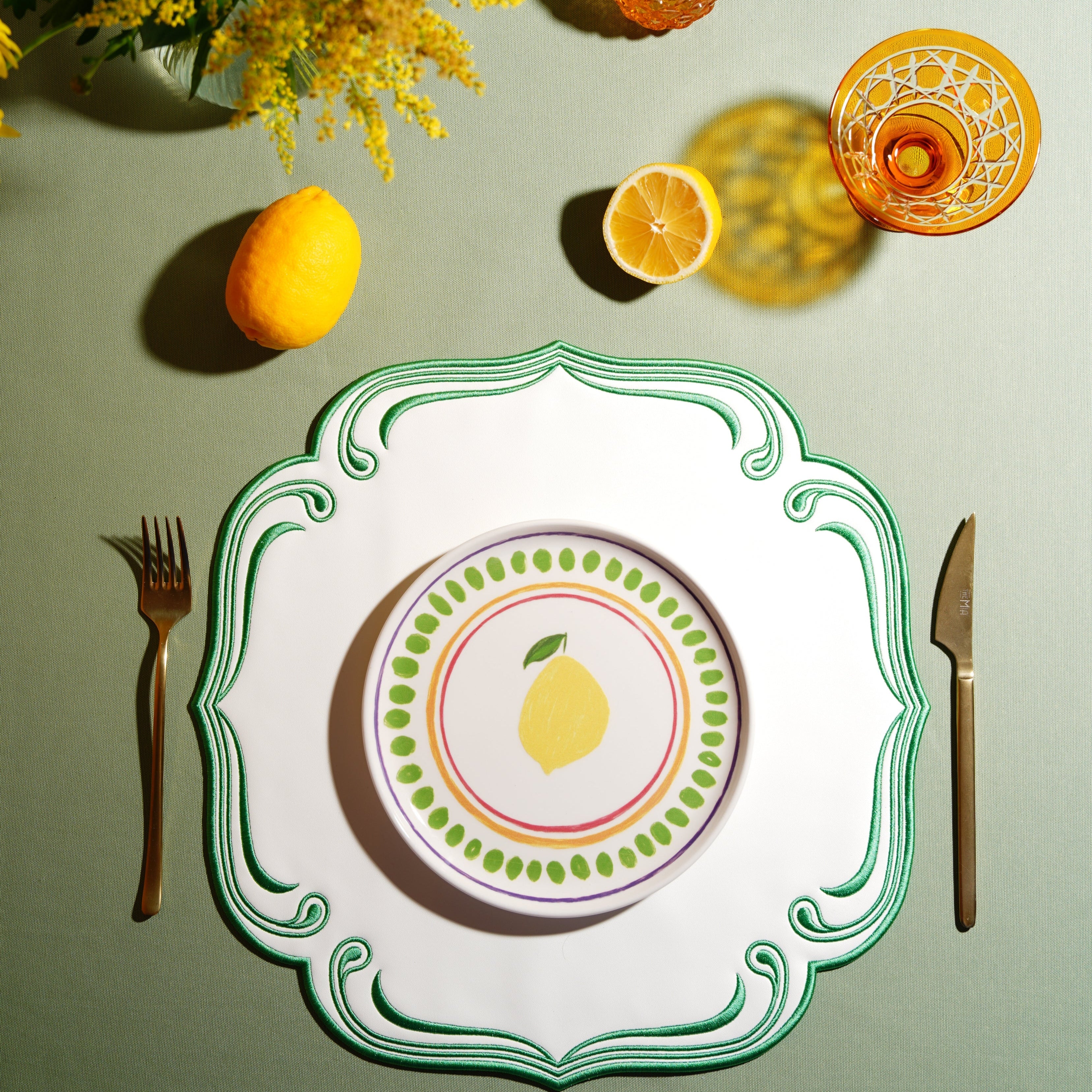 ROYAL WHITE GREEN TRIM SQUARE FAUX LEATHER PLACEMAT (Set Of 4)