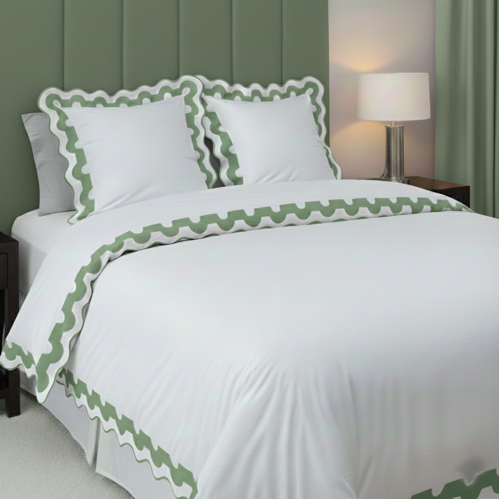 400TC U Shape Applique Scalloped Embroidery Cotton Duvet Cover Set