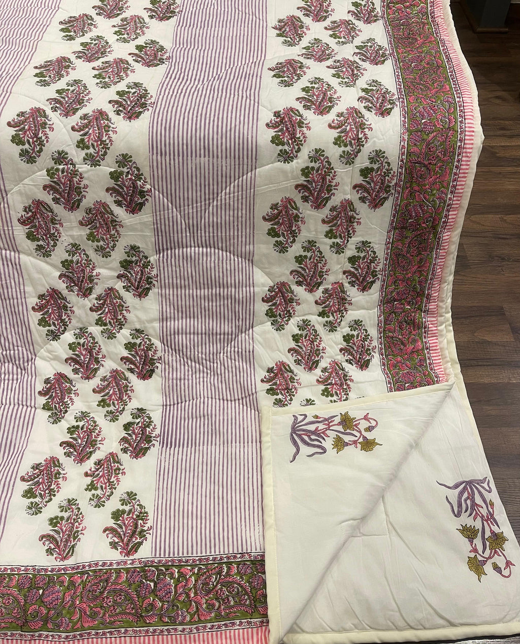 Cream & Deep Pink Floral Jaipur Indian Hand Block Print Quilted Comforter