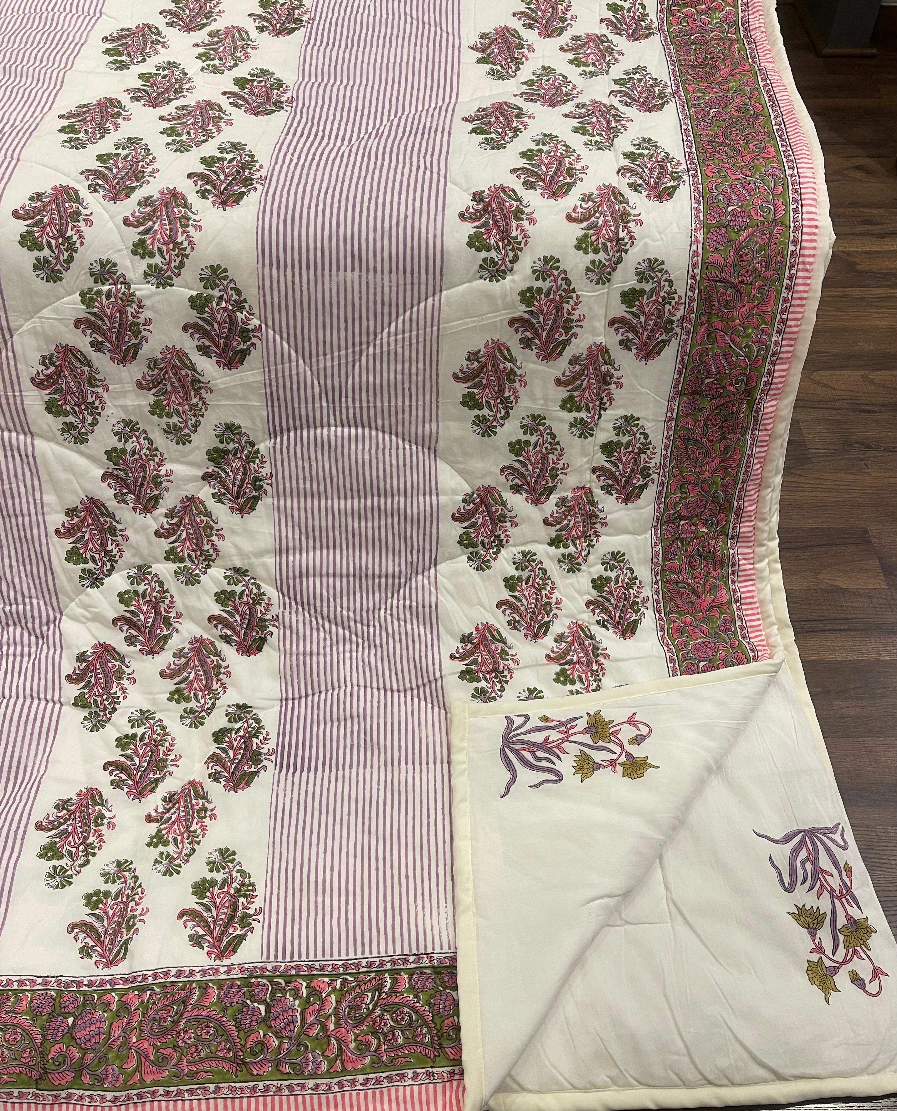 Cream & Deep Pink Floral Jaipur Indian Hand Block Print Quilted Comforter