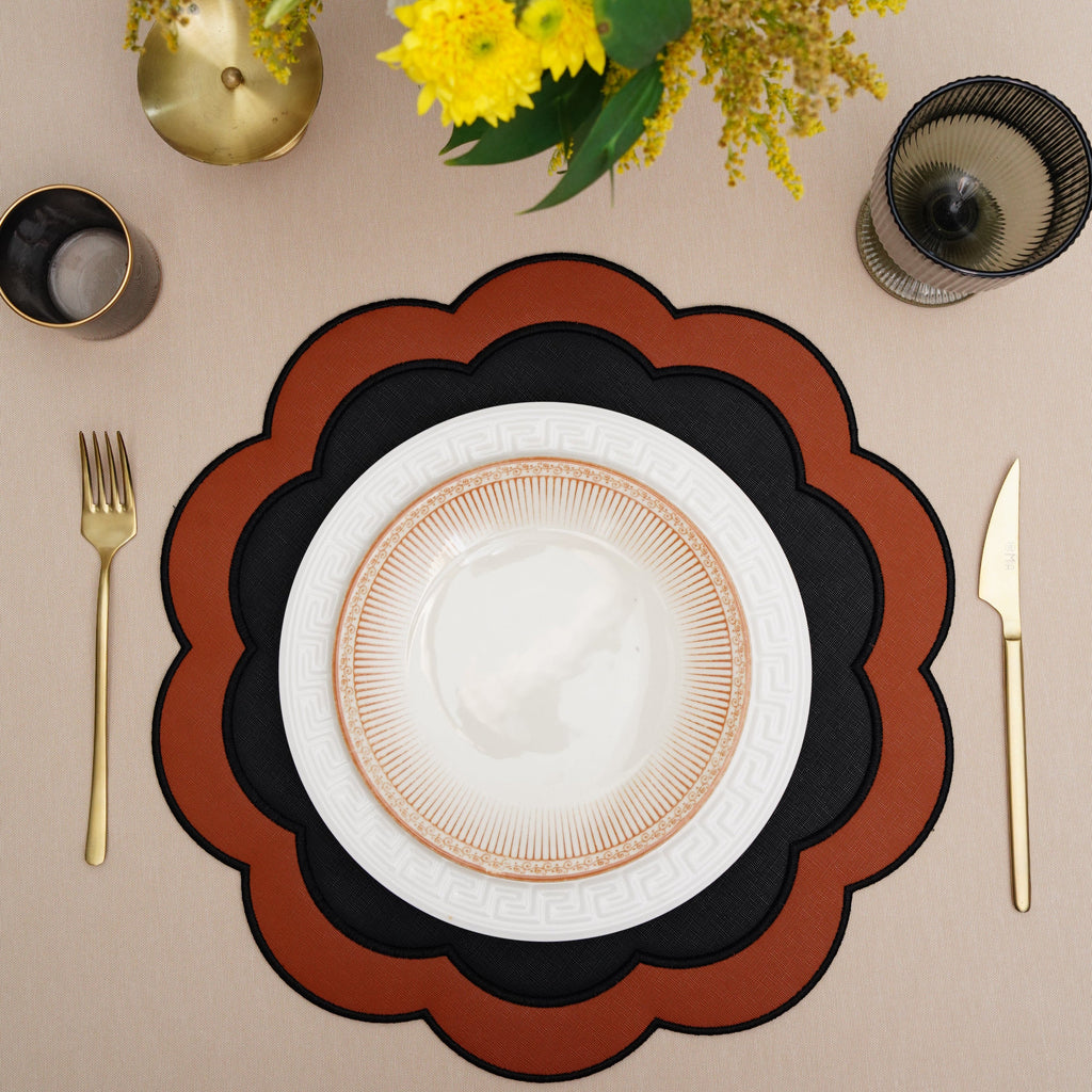 SERENITY BLACK ORANGE SCLALOPED FAUX LEATHER PLACEMAT (Set Of 4)