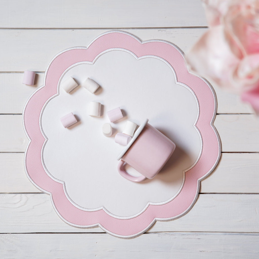 SERENITY WHITE & PINK SCALLOPED FAUX LEATHER PLACEMAT (Set Of 4)