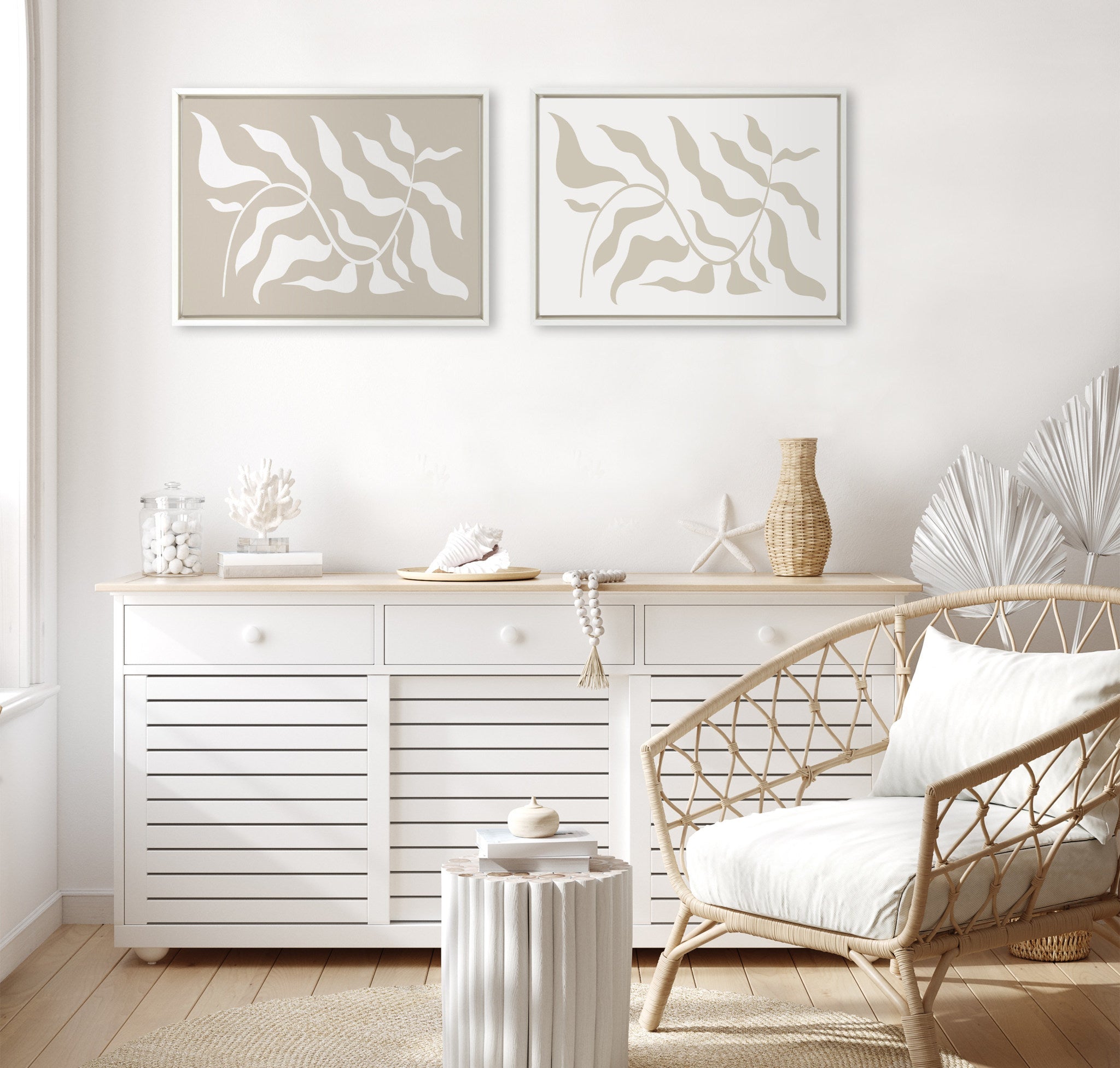 Sylvie Modern Matisse Inspired Botanical White on Beige and Beige on White Framed Canvas by The Creative Bunch Studio