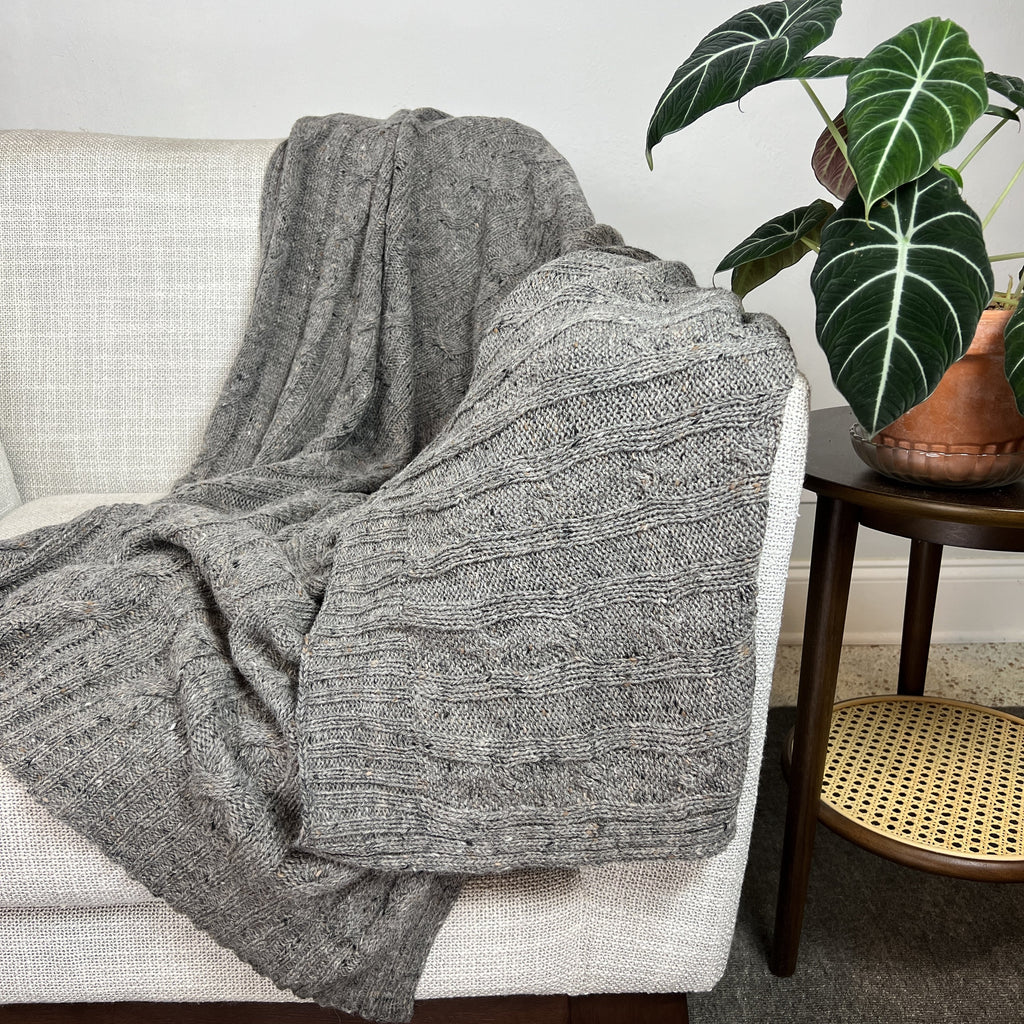 Smoke Gray Alpaca-Merino Cable-Knit Throw