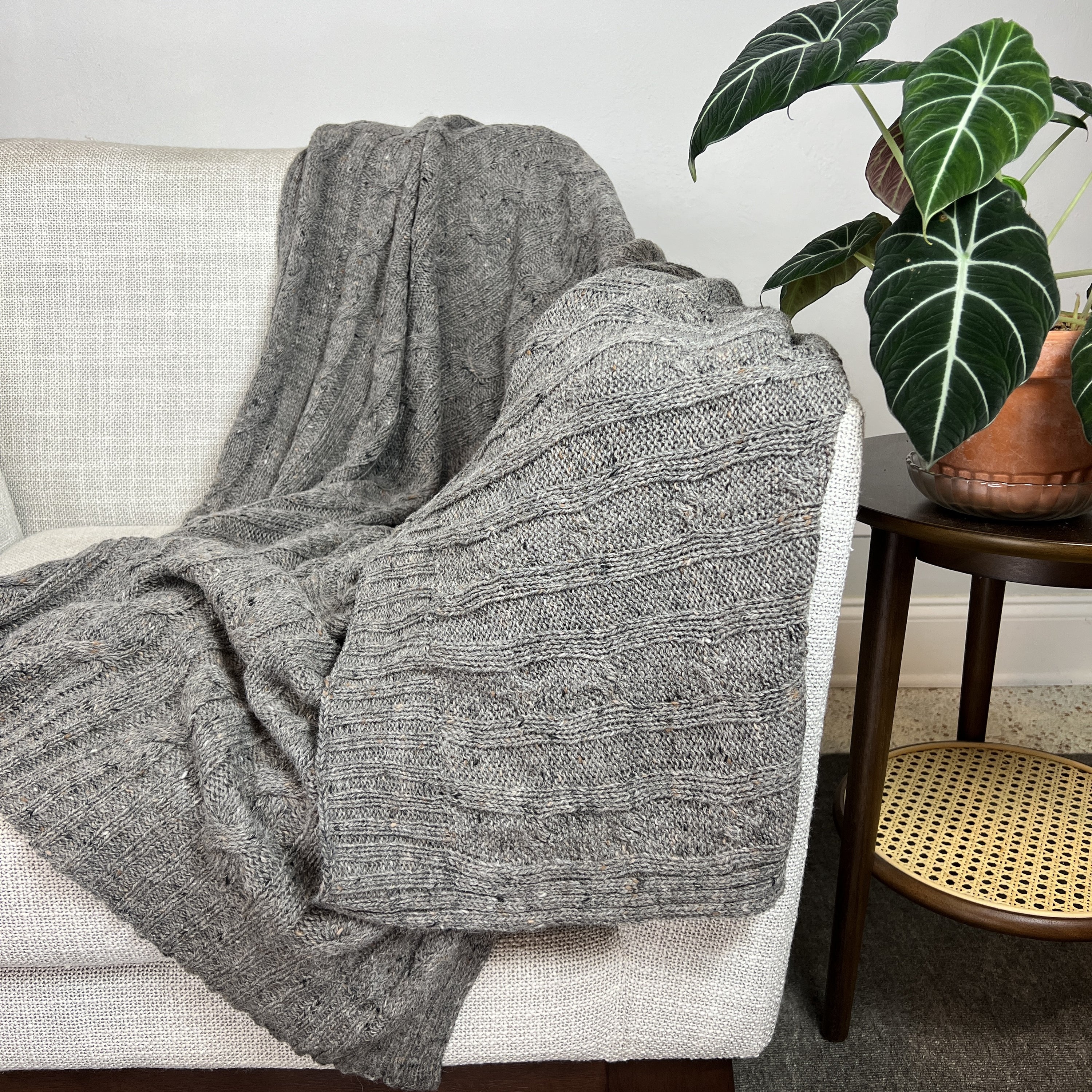 Smoke Gray Alpaca-Merino Cable-Knit Throw