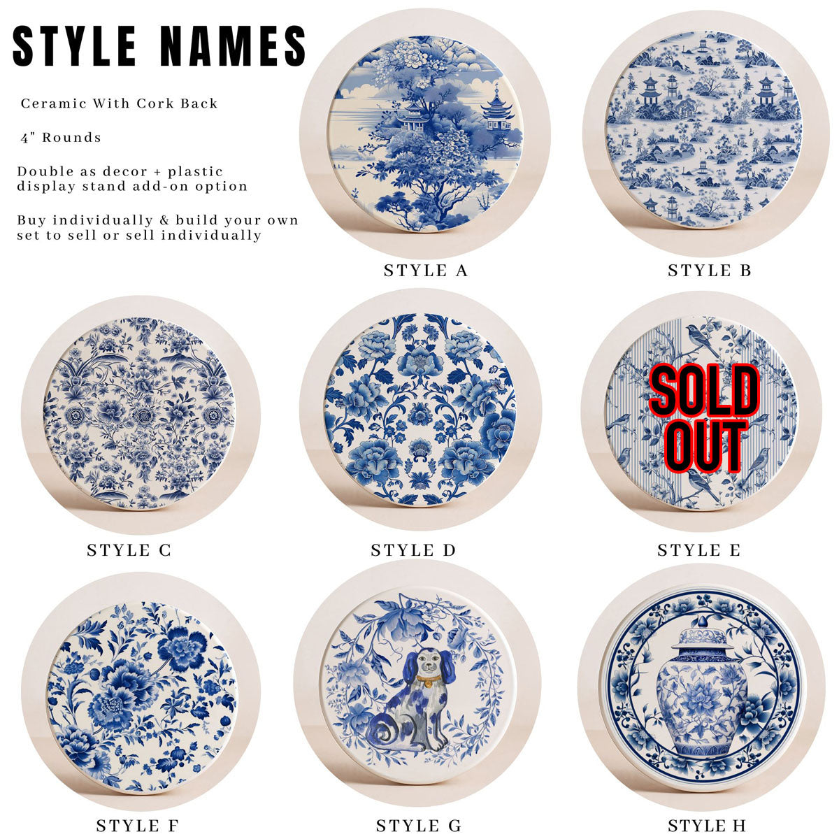 Blue & White Chinoiserie Ceramic Coasters