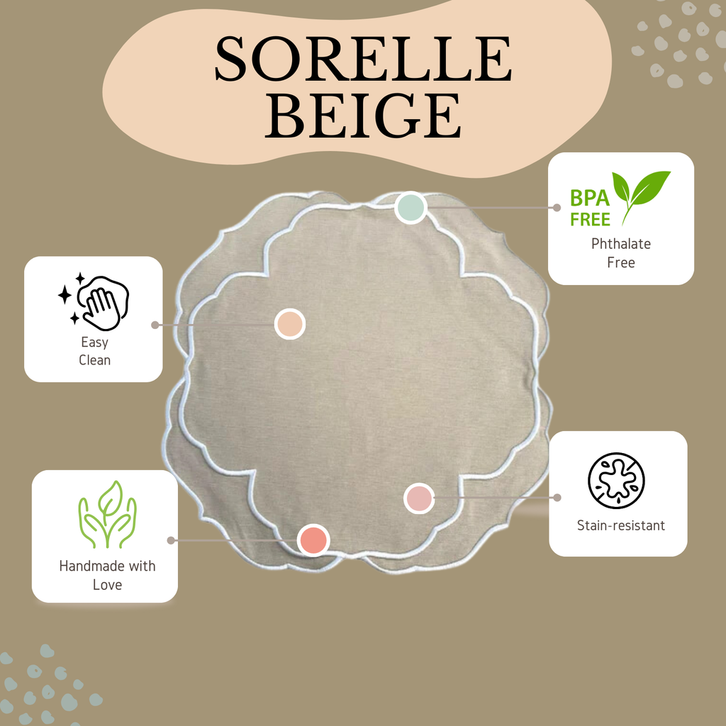 SORELLE BEIGE WHITE ROUND FABRIC PLACEMAT (Set Of 4)