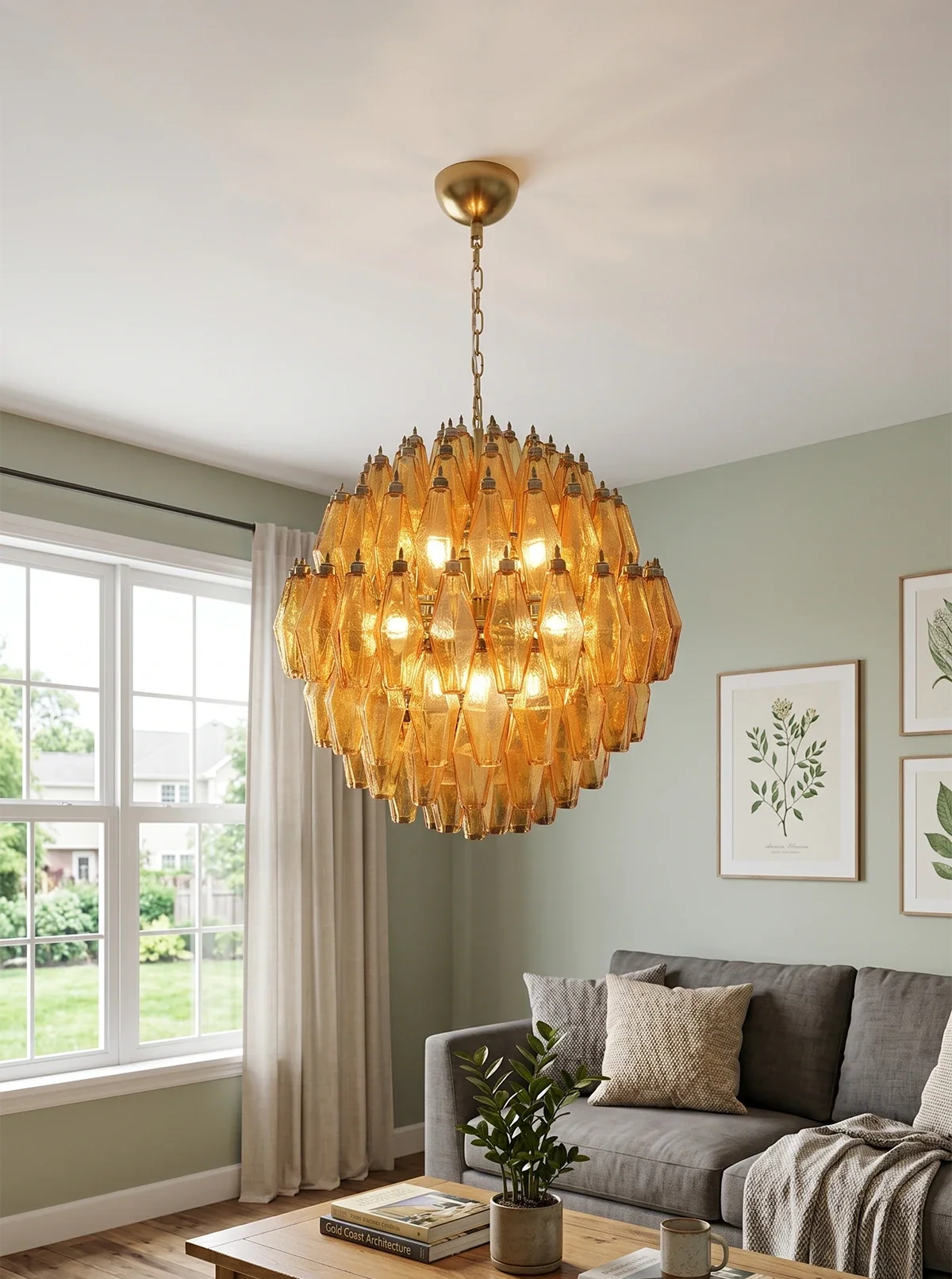 Spherical Murano Poliedri Amber Glass Chandelier