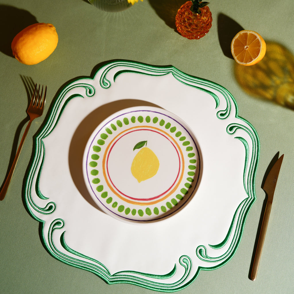 ROYAL WHITE GREEN TRIM SQUARE FAUX LEATHER PLACEMAT (Set Of 4)