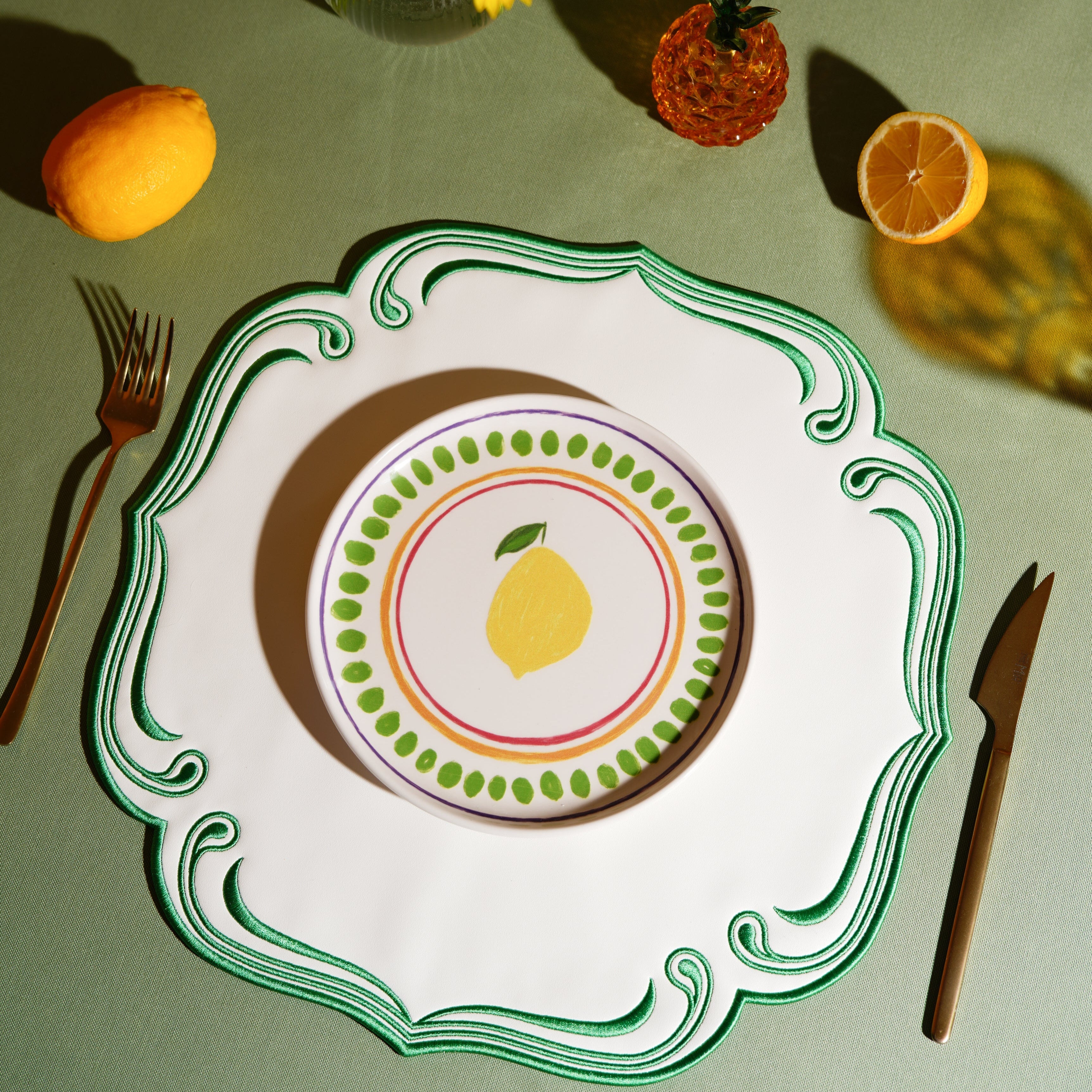 ROYAL WHITE GREEN TRIM SQUARE FAUX LEATHER PLACEMAT (Set Of 4)