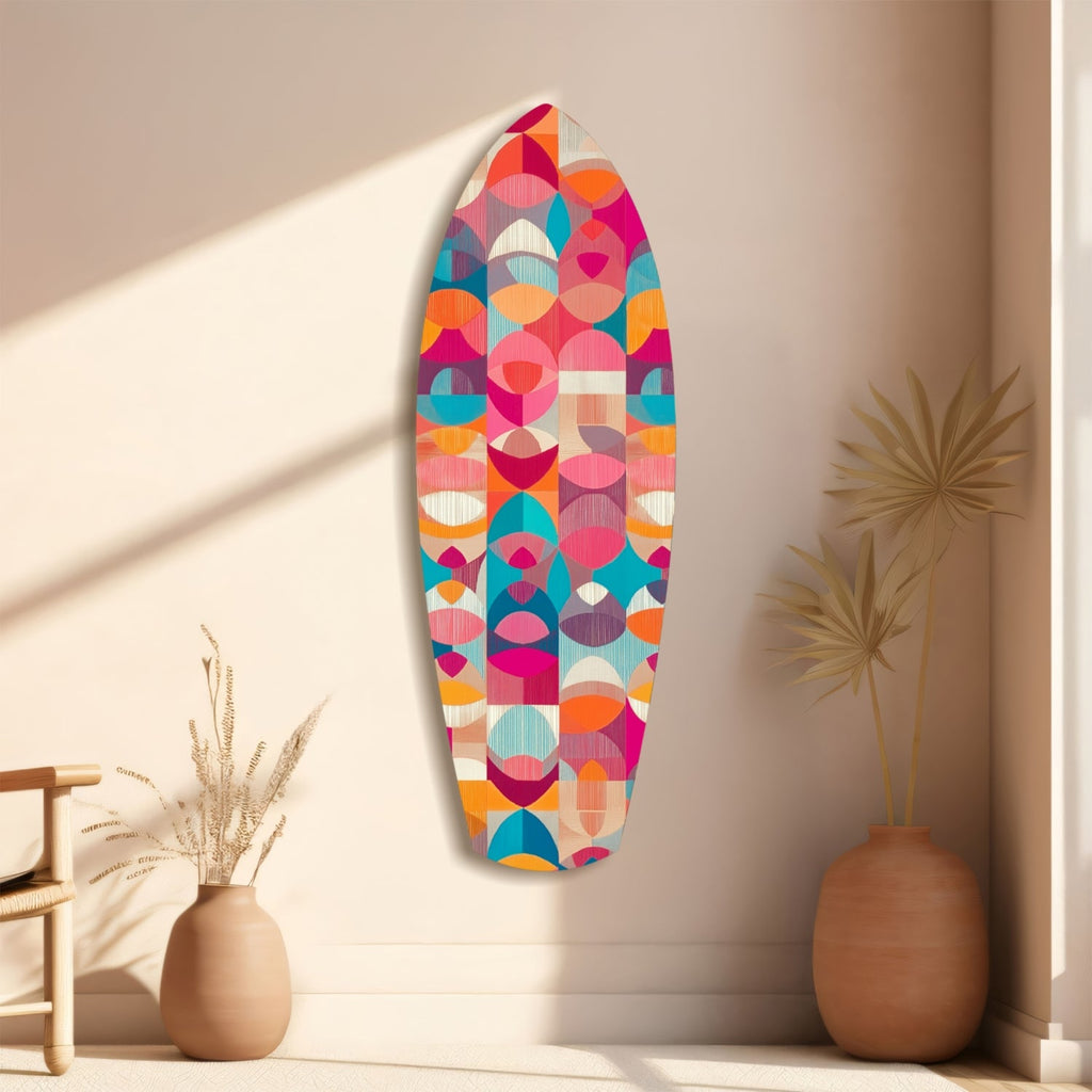 Pink Geometric Circles Surfboard Glass Wall Art
