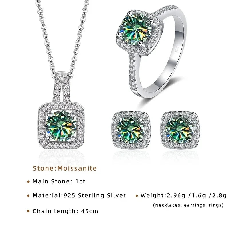 Sterling Silver 3-Piece Moissanite Jewelry Set 1ct Necklace Ring Earrings