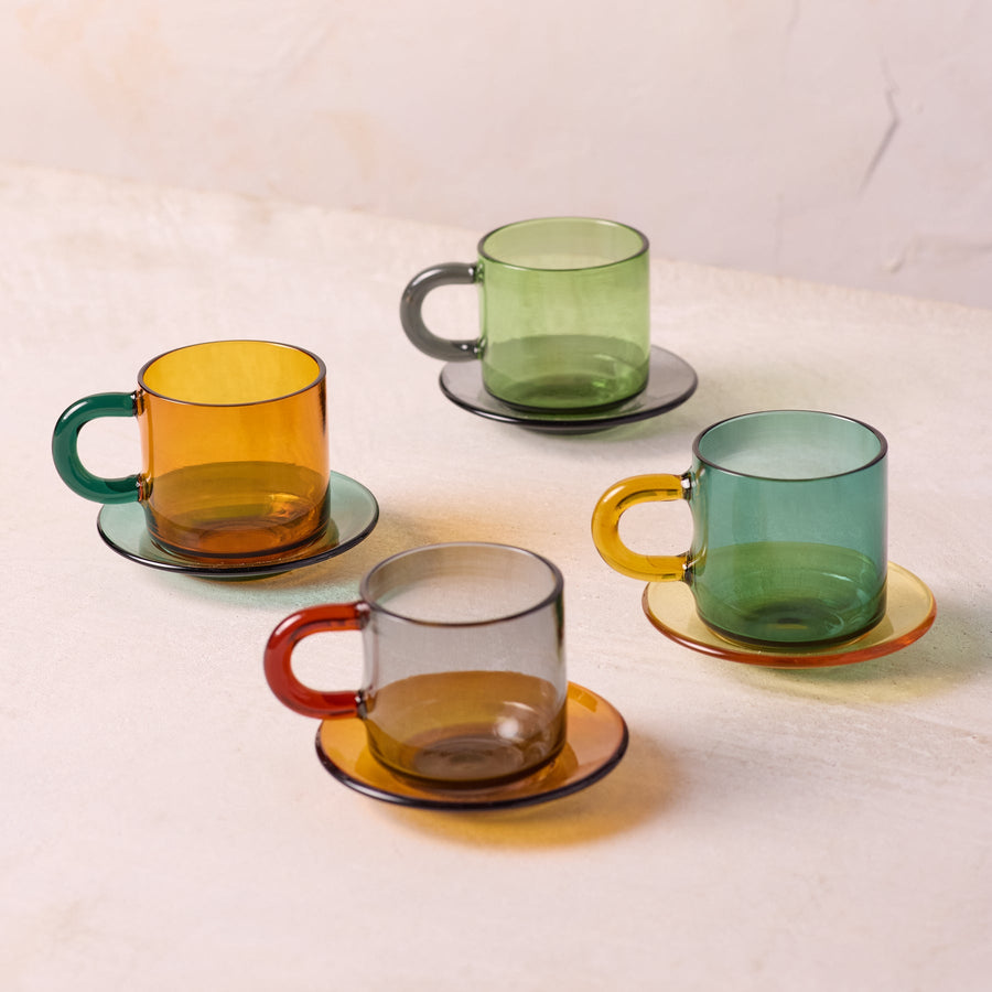 Niko Glass Espresso Cups & Saucers — Set of 4