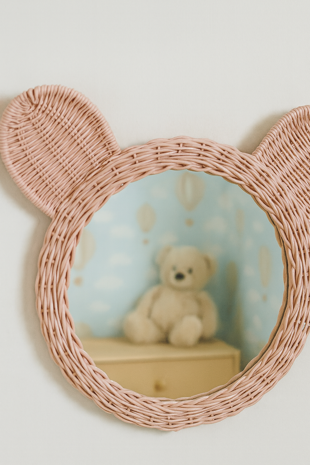 Pink Rattan Teddy Bear Wall Mirror
