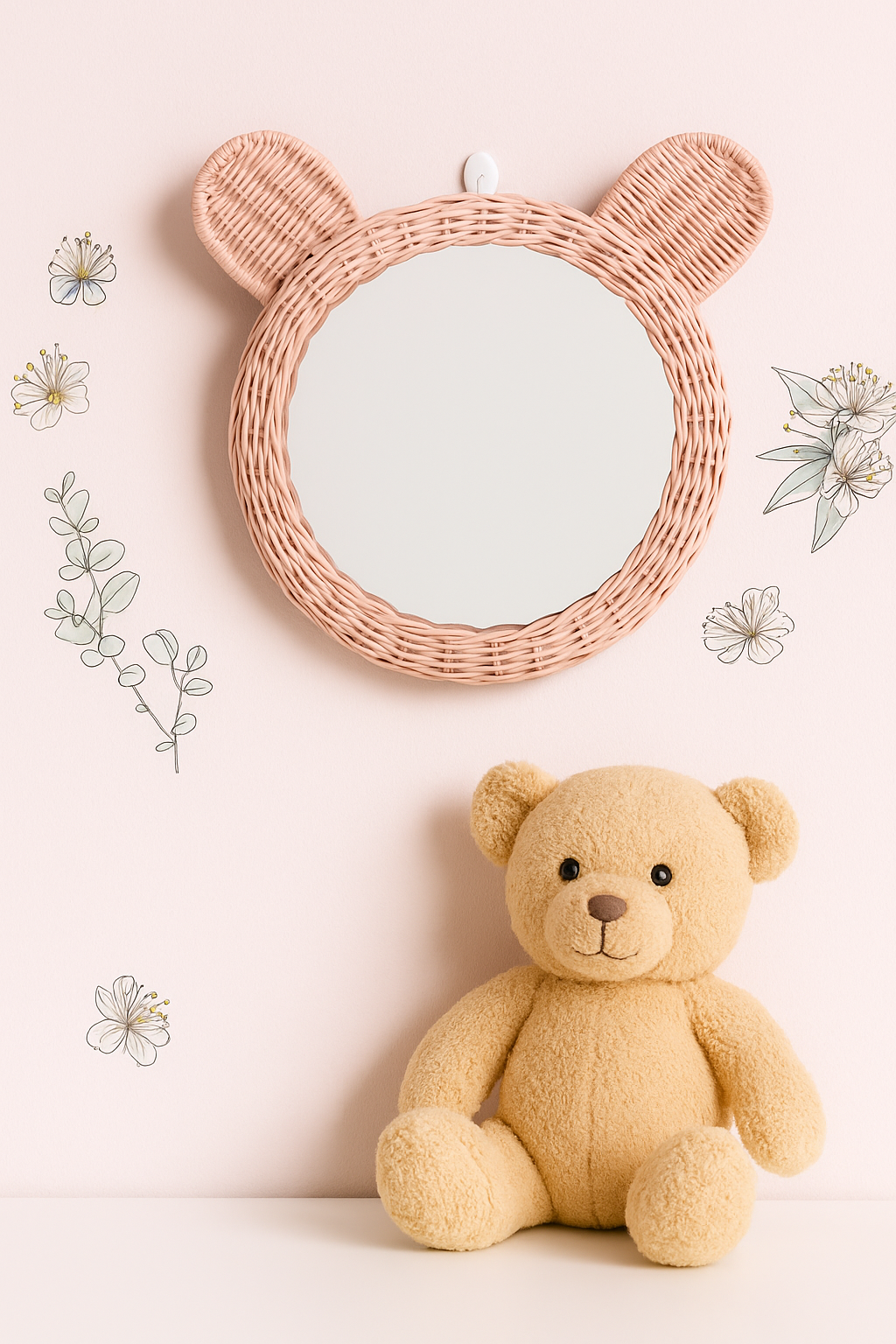 Pink Rattan Teddy Bear Wall Mirror
