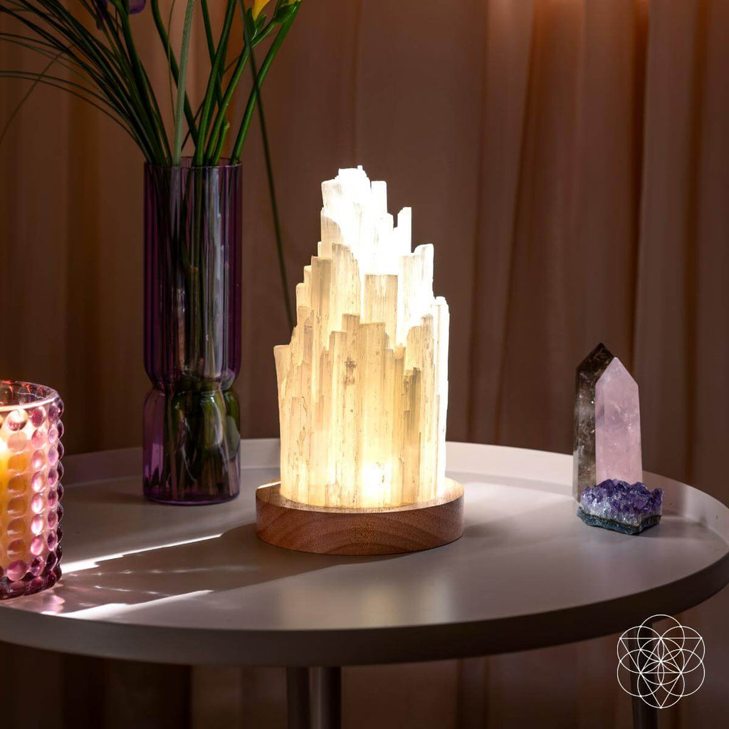 Natural Selenite Accent Lamp — Walnut Base