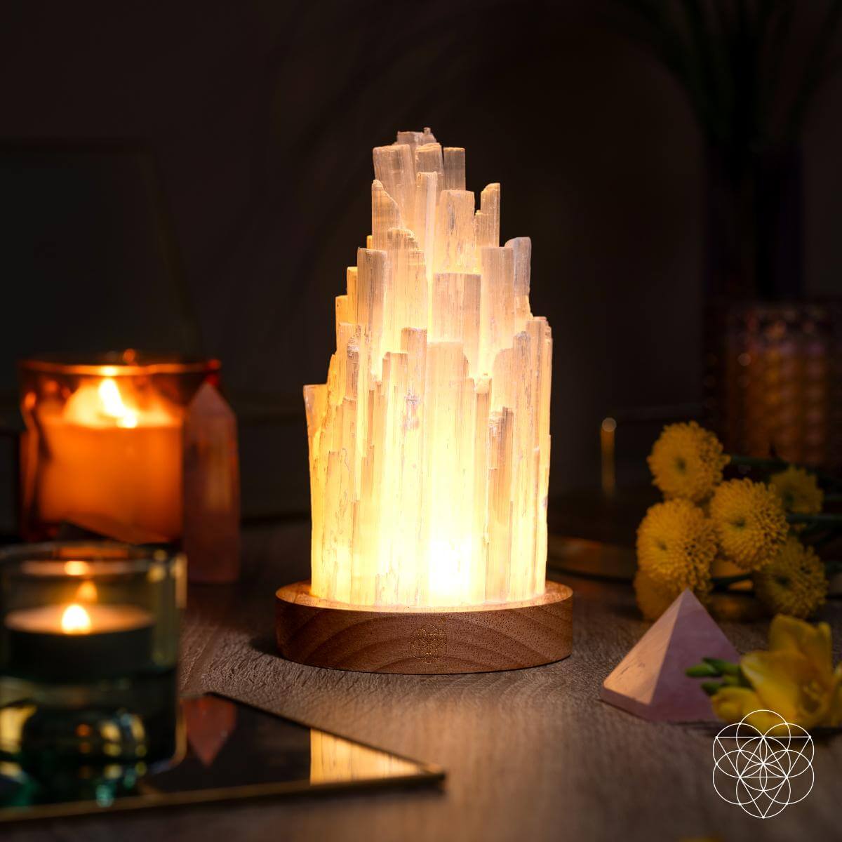 Natural Selenite Accent Lamp — Walnut Base