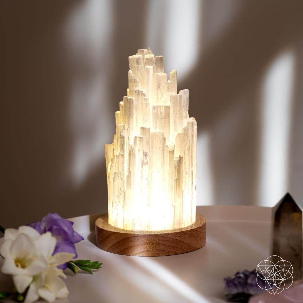 Natural Selenite Accent Lamp — Walnut Base