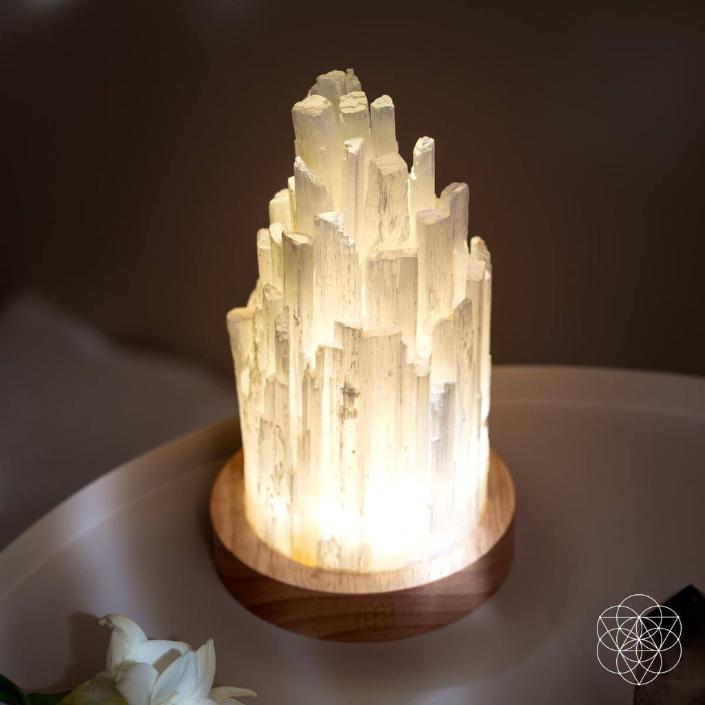 Natural Selenite Accent Lamp — Walnut Base