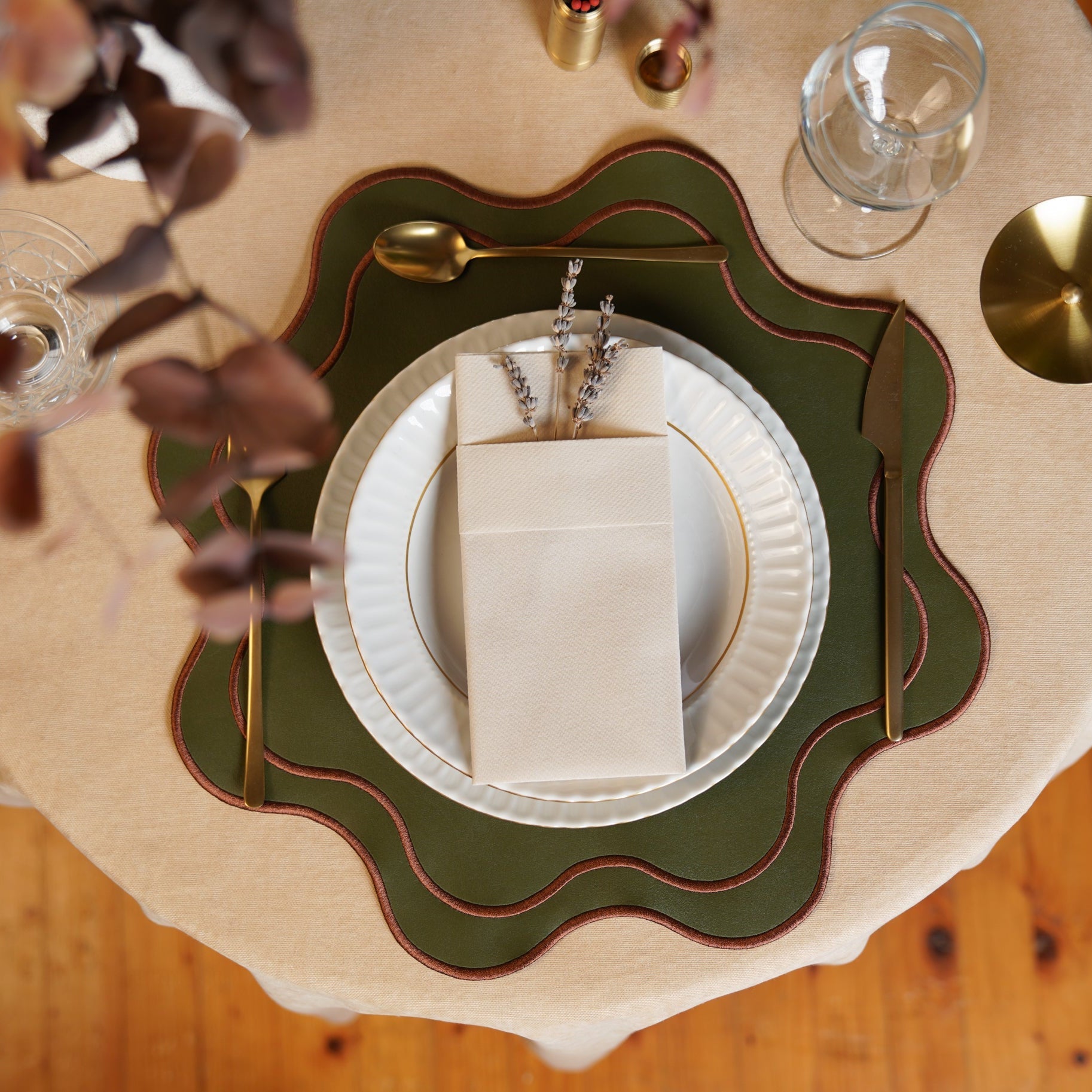 HAVEN DARK GREEN BROWN TRIM WAVY EDGE FAUX LEATHER PLACEMAT (Set Of 4)