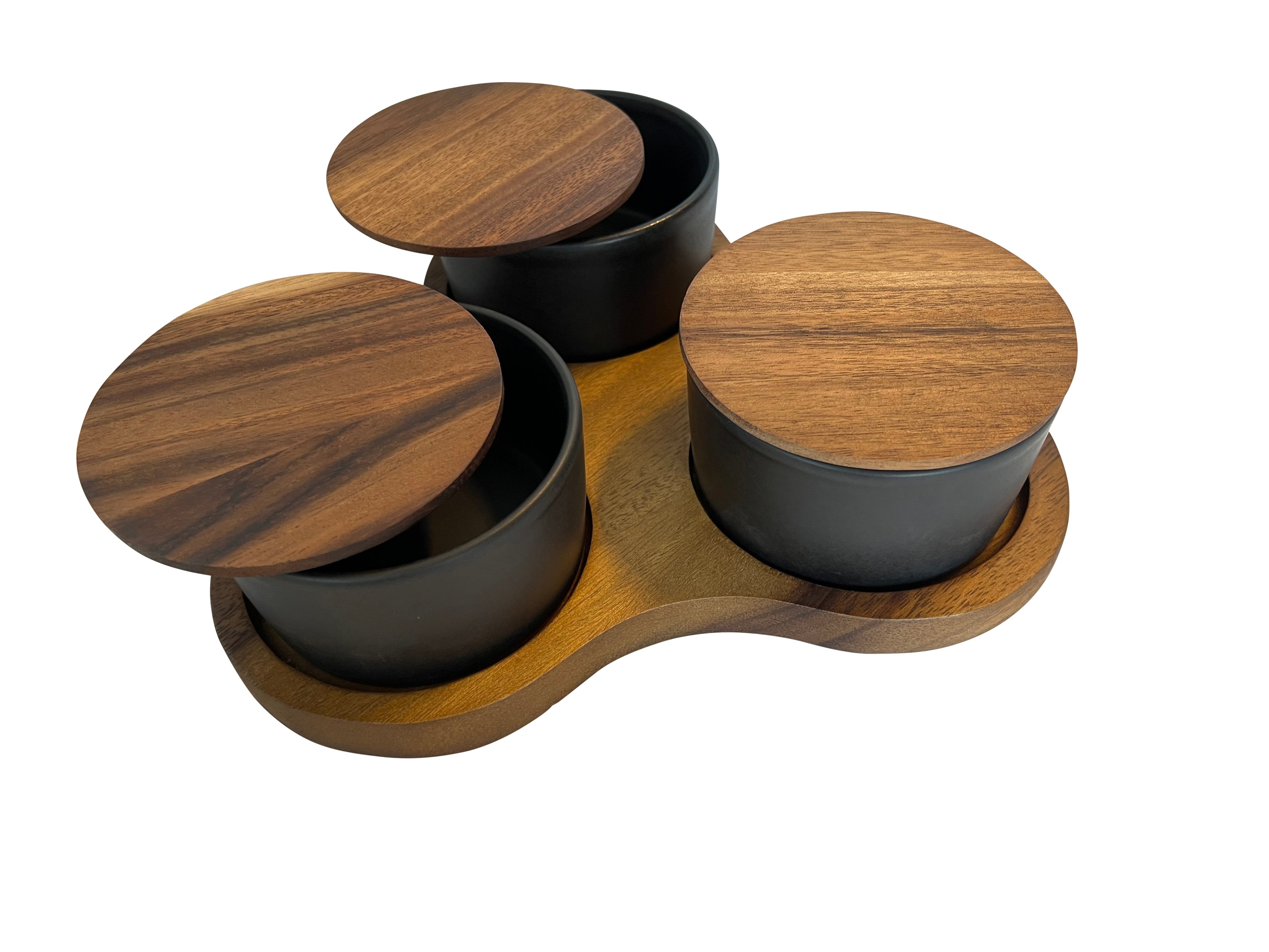 Triangular Acacia Serving Board with Black Bowls