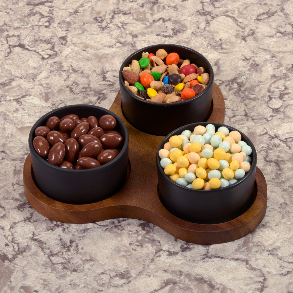 Triangular Acacia Serving Board with Black Bowls
