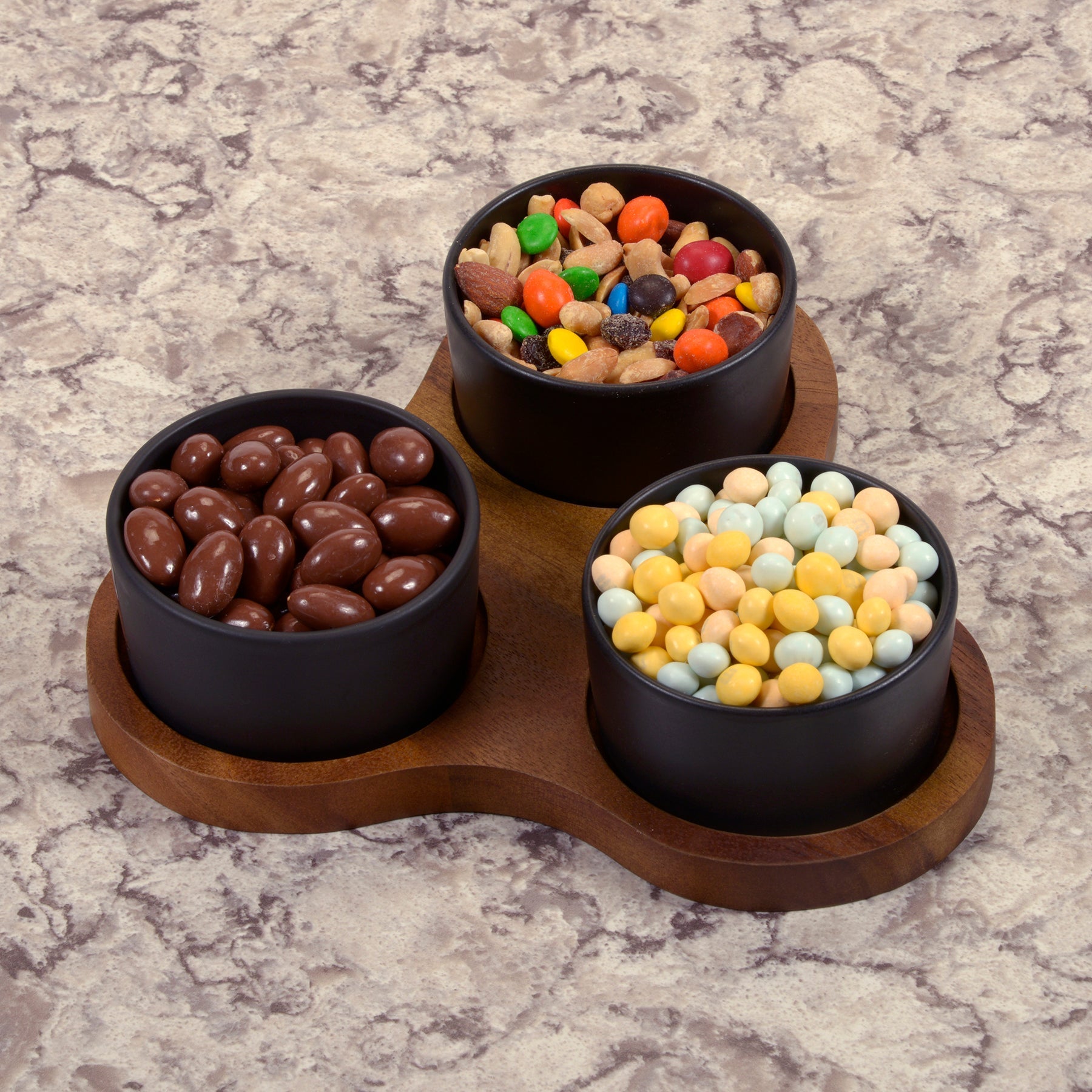 Triangular Acacia Serving Board with Black Bowls