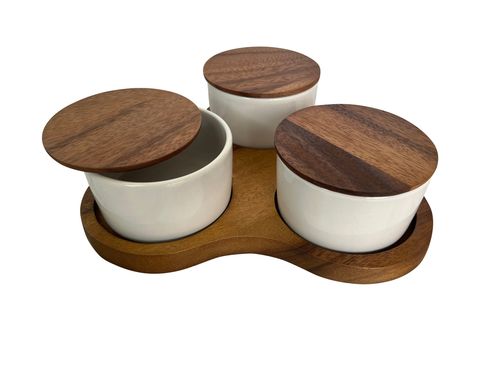 Triangular Acacia Serving Board with White Bowls