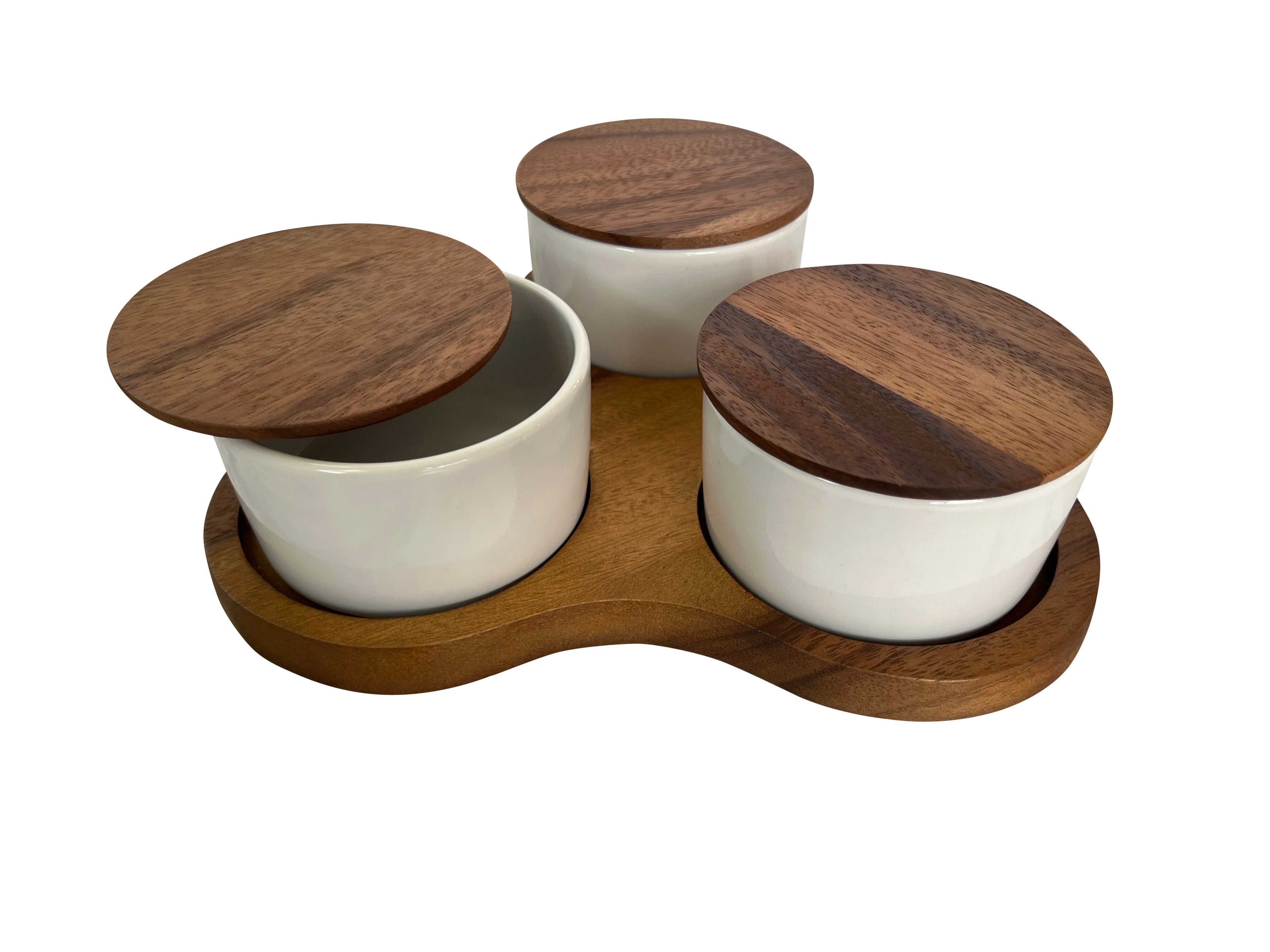 Triangular Acacia Serving Board with White Bowls
