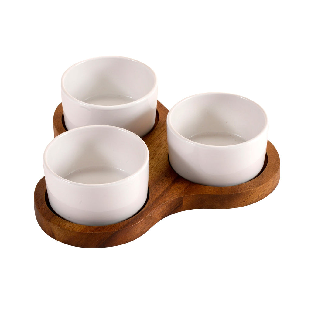 Triangular Acacia Serving Board with White Bowls