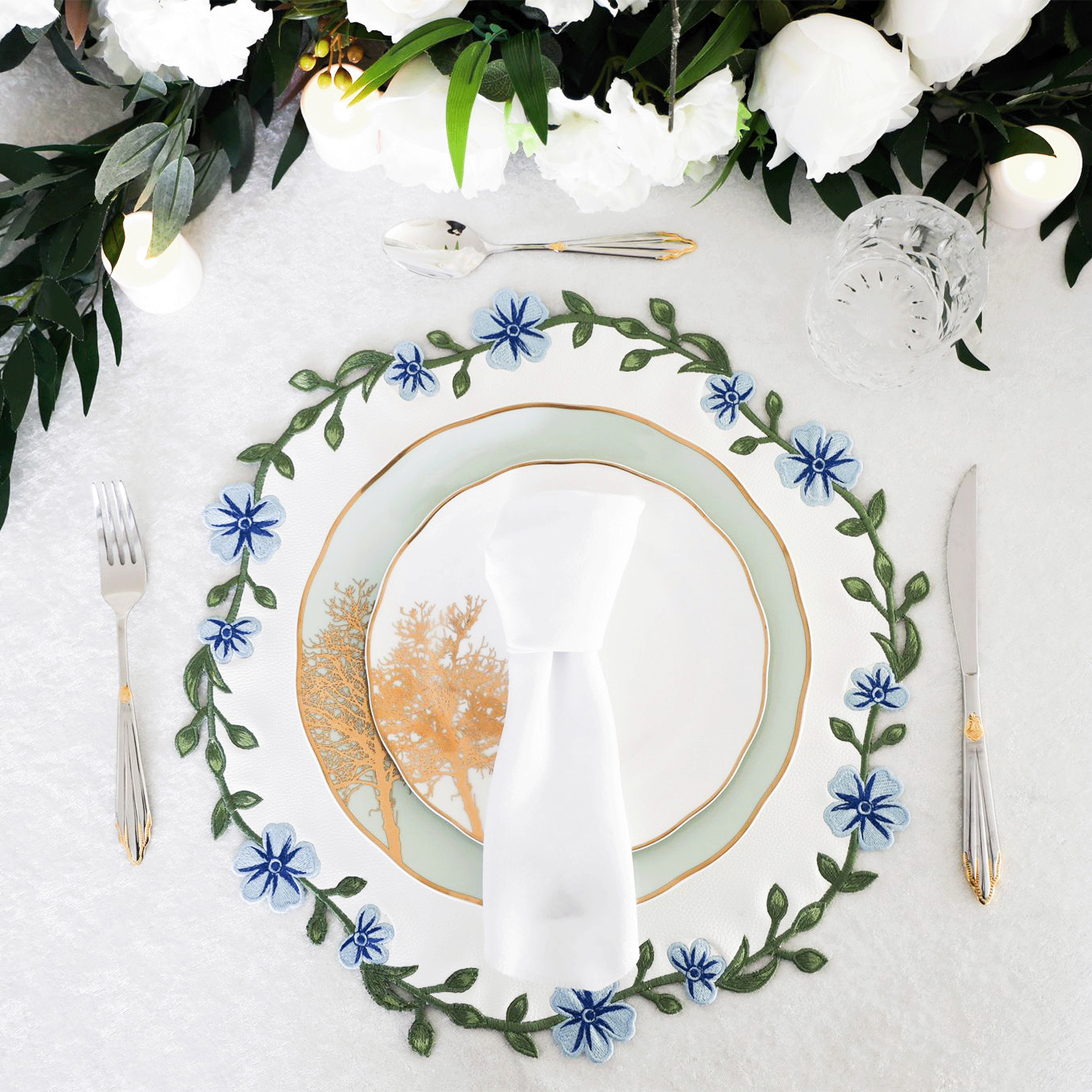 UNITY WHITE & BLUE ROUND FAUX LEATHER PLACEMAT (Set Of 4)