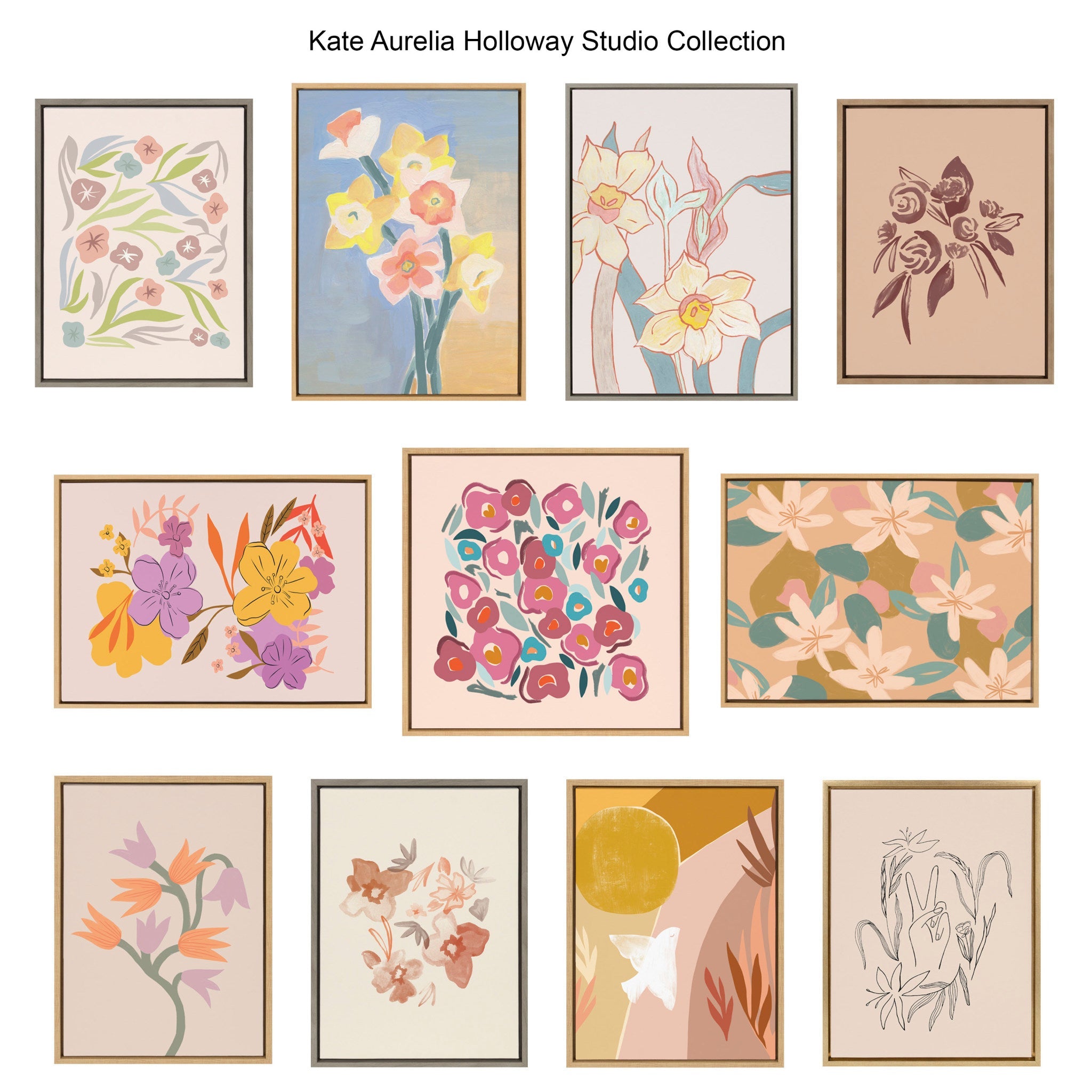 Peace Love Flowers Canvas Wall Art Set by Kate Aurelia Holloway
