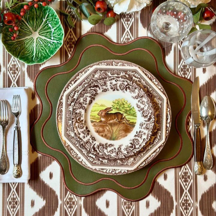 HAVEN DARK GREEN BROWN TRIM WAVY EDGE FAUX LEATHER PLACEMAT (Set Of 4)
