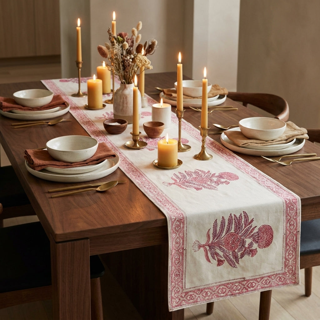 Hand Block Printed Cotton Magenta & Cream 13 Pieces Table Linen Set