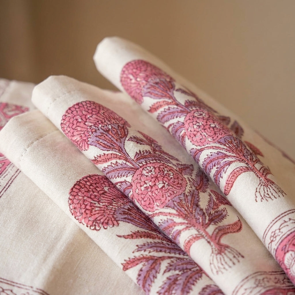 Hand Block Printed Cotton Magenta & Cream 13 Pieces Table Linen Set