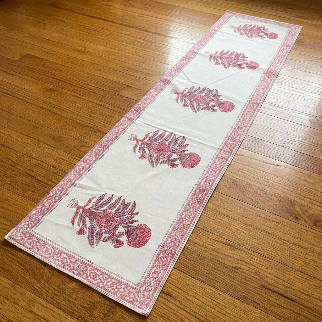 Hand Block Printed Cotton Magenta & Cream 13 Pieces Table Linen Set