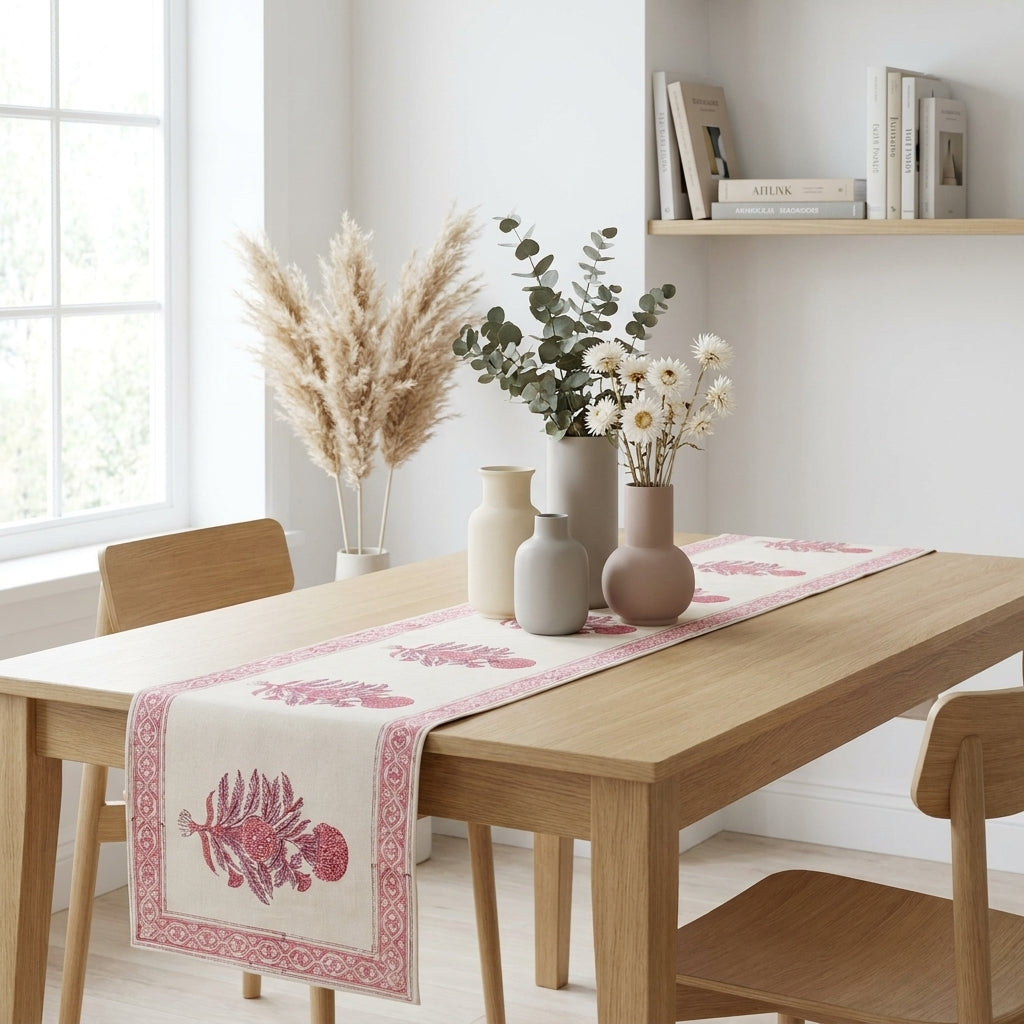 Hand Block Printed Cotton Magenta & Cream 13 Pieces Table Linen Set
