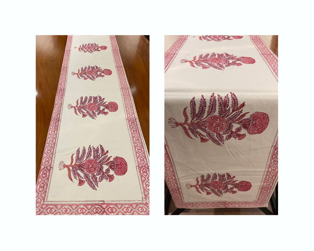 Hand Block Printed Cotton Magenta & Cream 13 Pieces Table Linen Set
