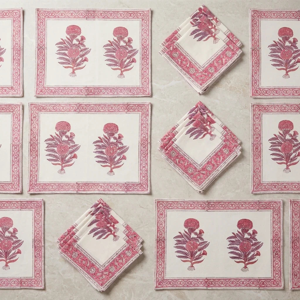 Hand Block Printed Cotton Magenta & Cream 13 Pieces Table Linen Set