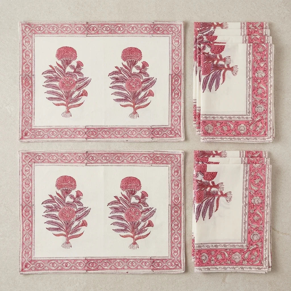 Hand Block Printed Cotton Magenta & Cream 13 Pieces Table Linen Set