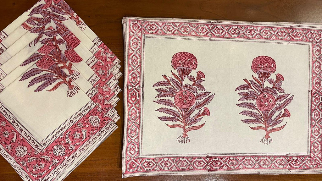 Hand Block Printed Cotton Magenta & Cream 13 Pieces Table Linen Set