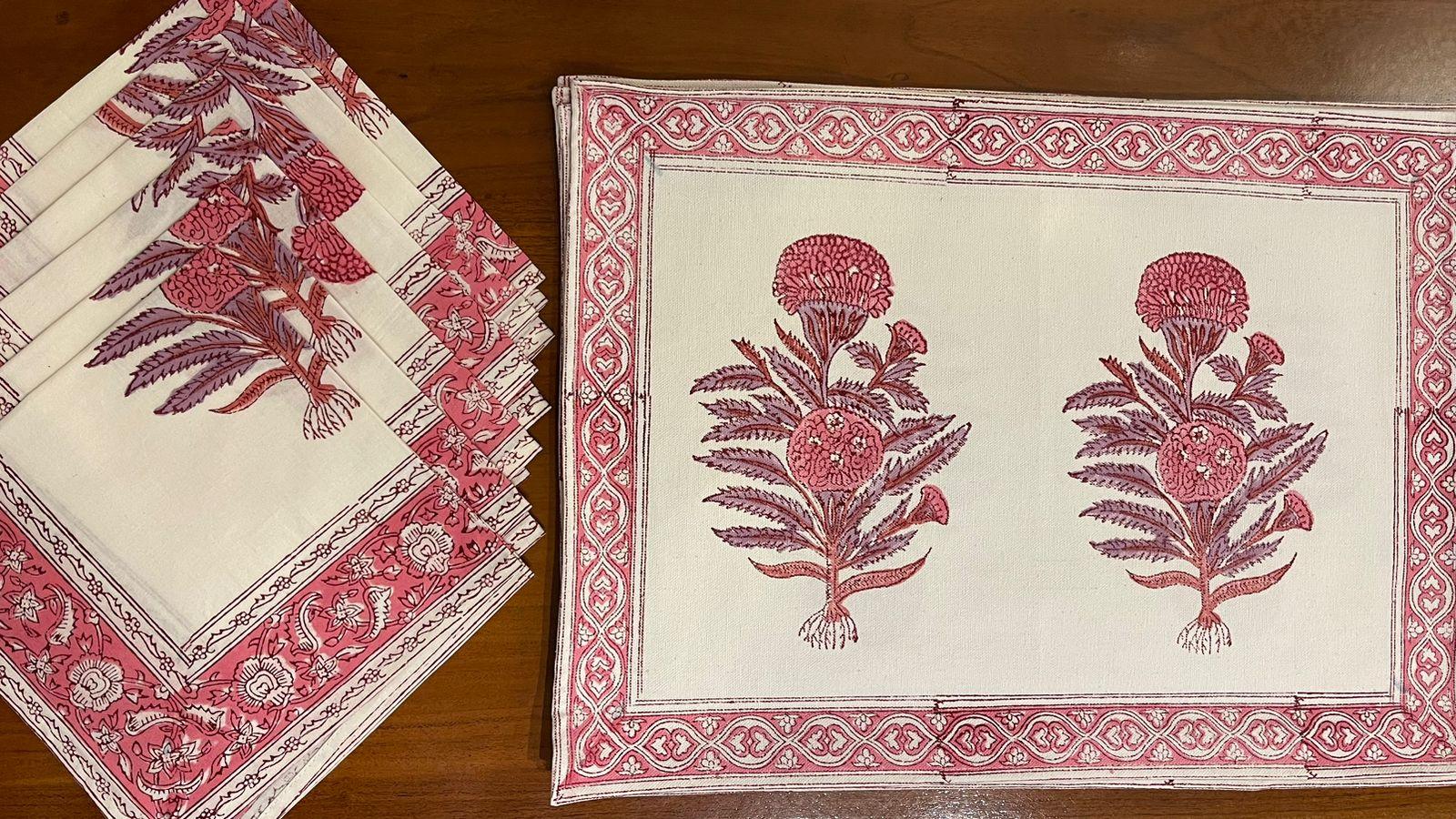 Hand Block Printed Cotton Magenta & Cream 13 Pieces Table Linen Set