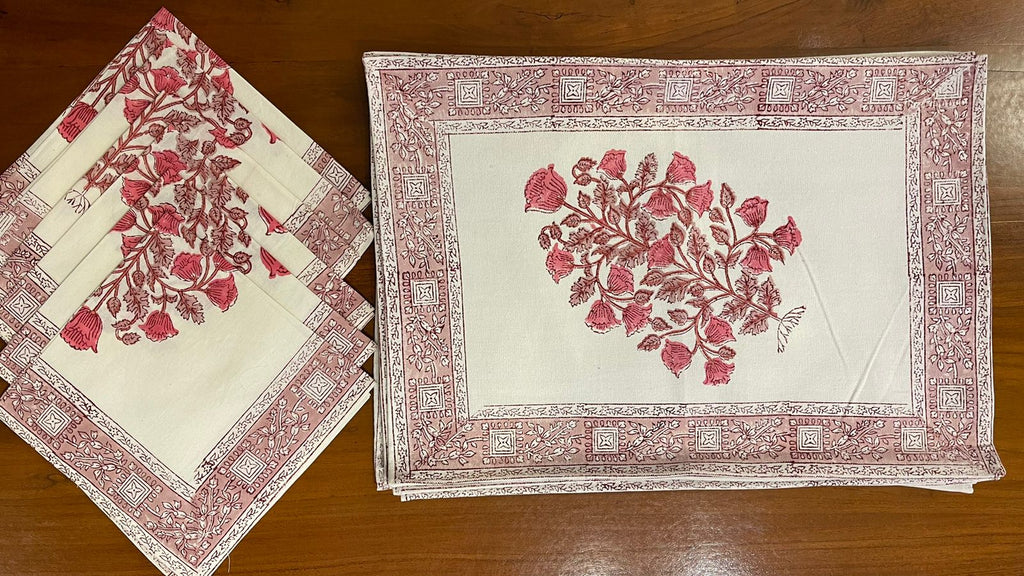 Magenta & Natural Floral Hand Block Printed 13 Pieces Table Linen Set