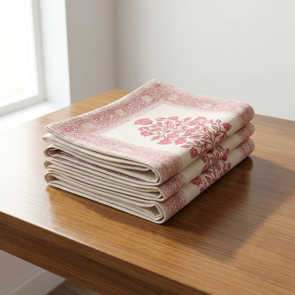 Magenta & Natural Floral Hand Block Printed 13 Pieces Table Linen Set
