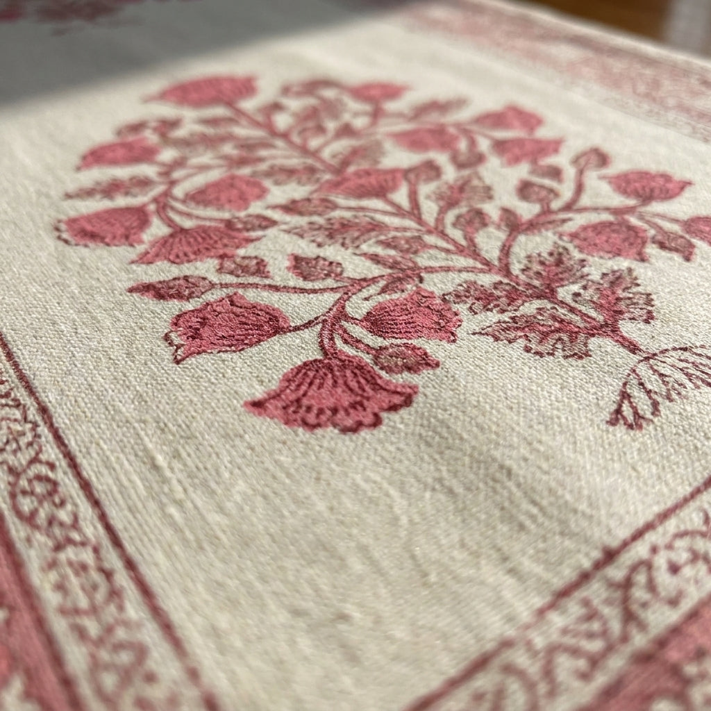 Magenta & Natural Floral Hand Block Printed 13 Pieces Table Linen Set
