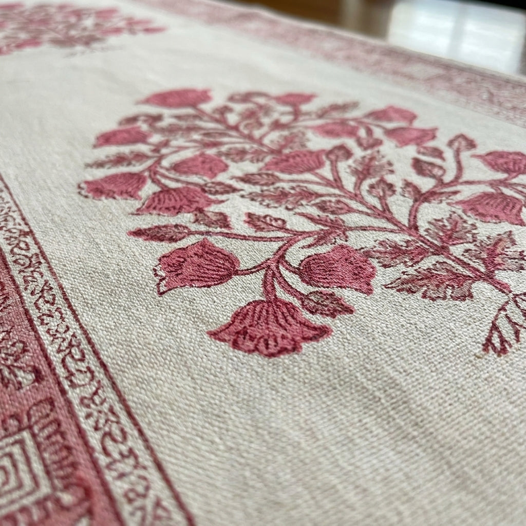 Magenta & Natural Floral Hand Block Printed 13 Pieces Table Linen Set