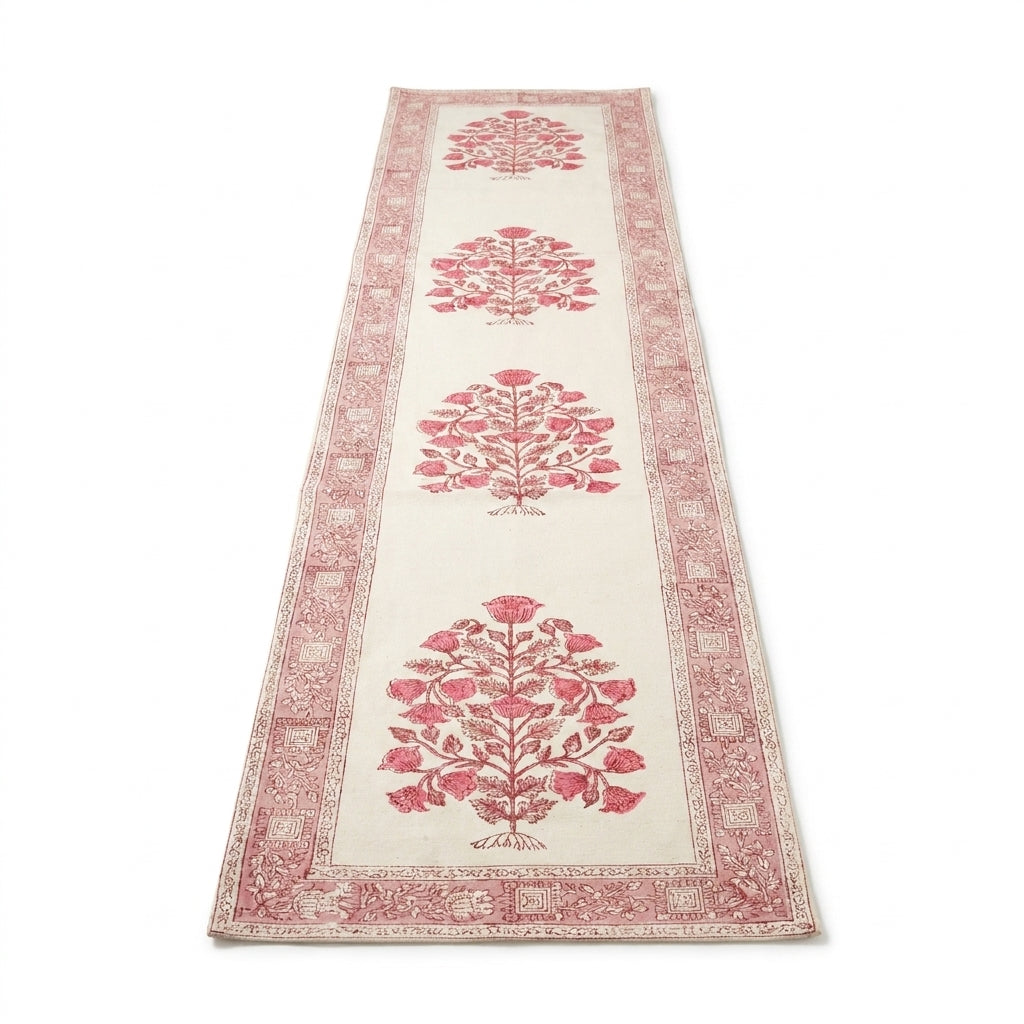 Magenta & Natural Floral Hand Block Printed 13 Pieces Table Linen Set