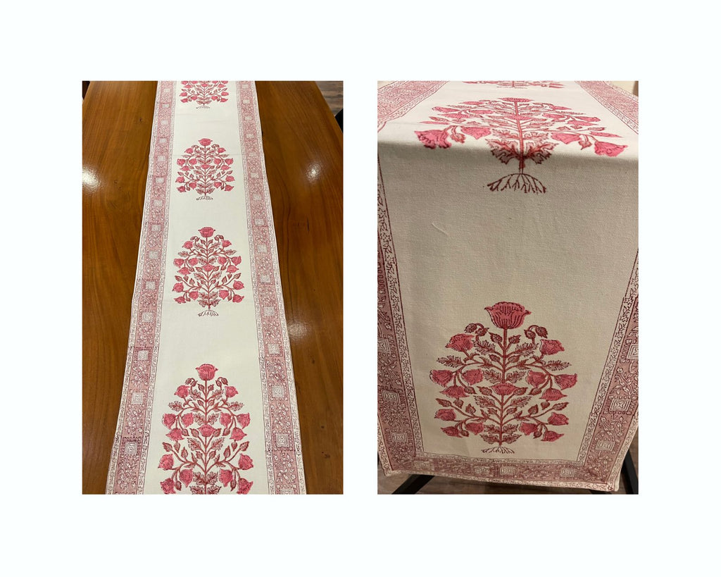 Magenta & Natural Floral Hand Block Printed 13 Pieces Table Linen Set