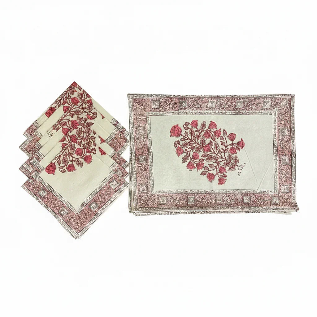 Magenta & Natural Floral Hand Block Printed 13 Pieces Table Linen Set